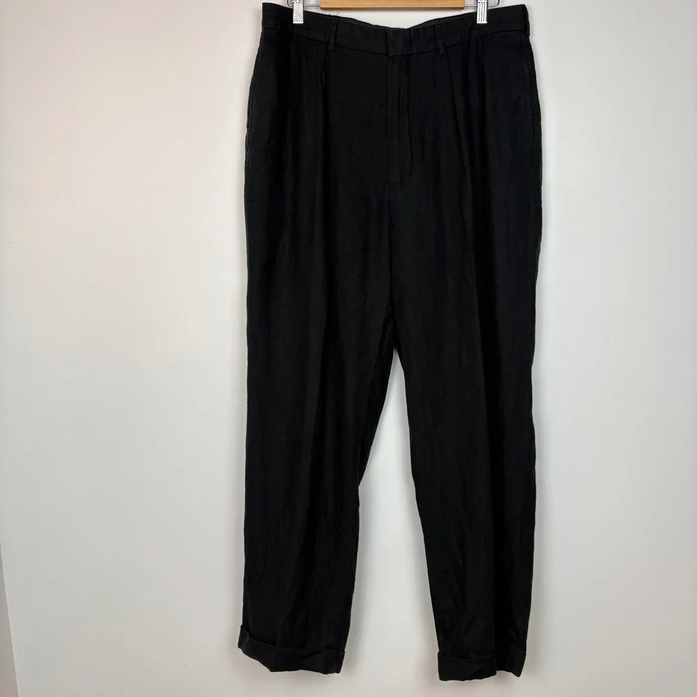 Polo Ralph Lauren Mens Linen Pants 36x32 Black Pleated Cuffed Trousers Vintage